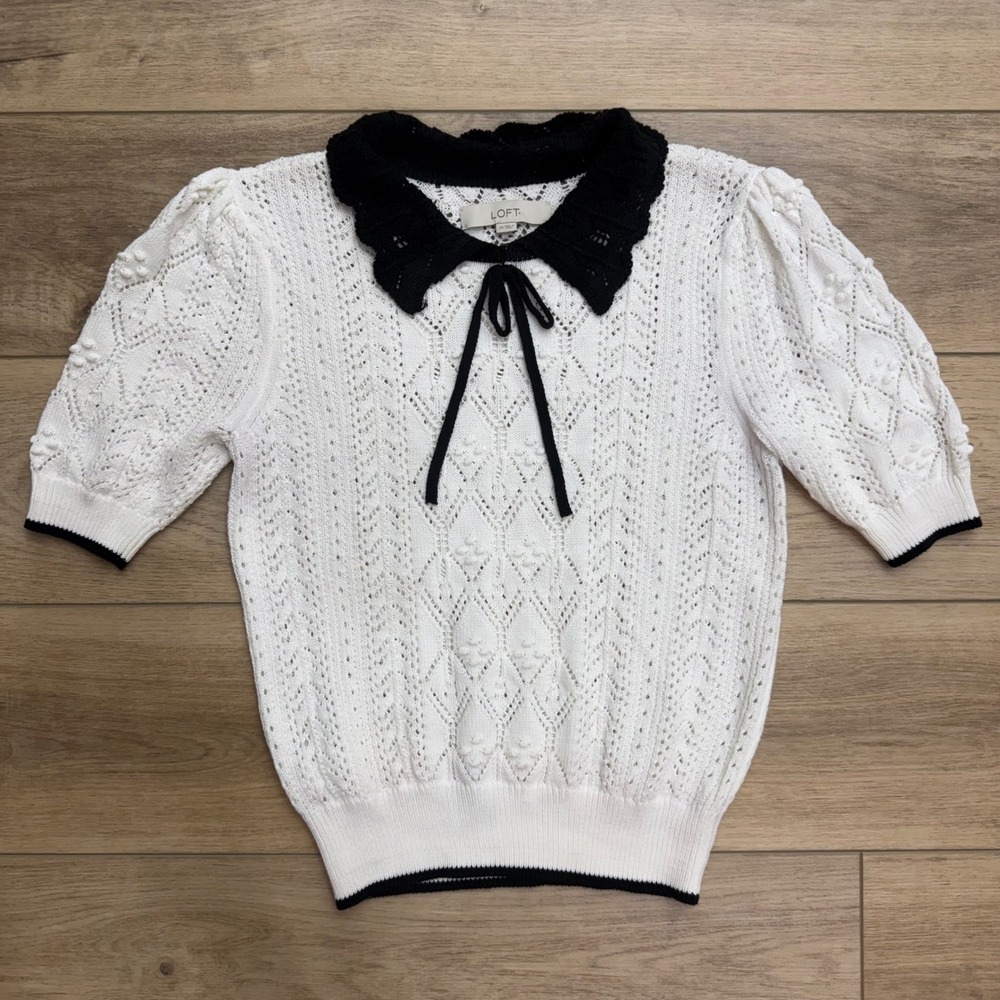 LOFT White Black Pointelle Knit Collared‎ Sweater Coquette Academia Romantic XS